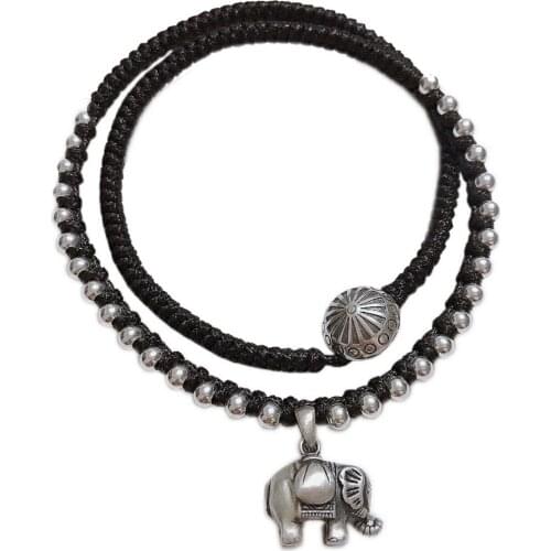 BOCAI s925 sterling silver necklace for women retro fashion Thai Silver creative elephant woven wax rope chain female necklace