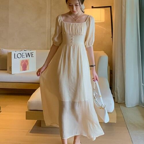 Summer 2021 Elegant Vintage Runway Party Night Dress High Waist Korean Beach Vacation Dress New Long Apricot Women Chiffon Dress