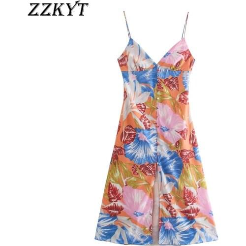 ZZKYT 2021 Women Summer Fashion Floral Print Button Midi Dress Vintage V-Neck Sleeveless Female Party Backless Dresses Mujer