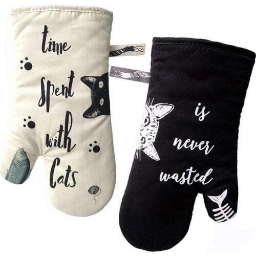 1Pair 100% Cotton Lining Oven Mitts Heat Resistant Cooking Glove Potholder Kitchen Gloves (Ivory and Black Cat)
