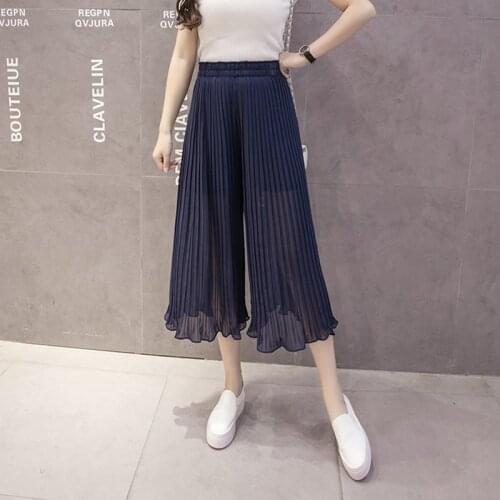 AECU Women Pant Pleated Wide Leg Solid Color Pant Female High Waist Thin Chiffon Plus Size Casual Ladies Culottes Trousers