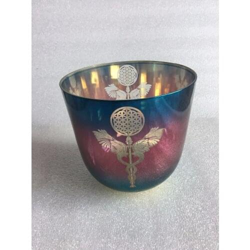 C Root chakra alchemy crystal singing bowl with double carved of Caducee 6.35"