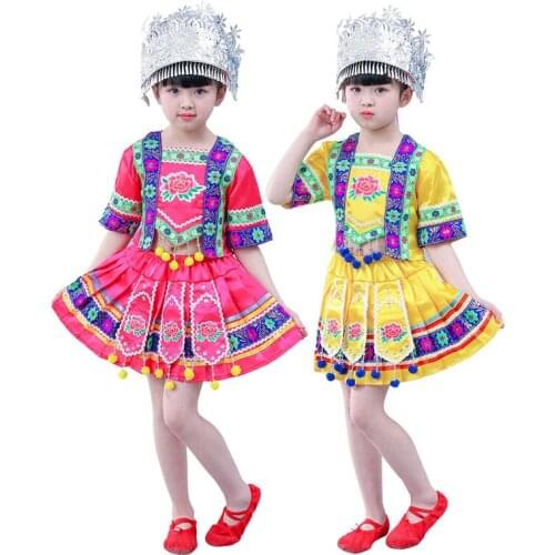 Kids Hmong Chinese Folk dance costumes Girls performance dancing clothing Suits festival Outfits Tops and Skirt Headdress