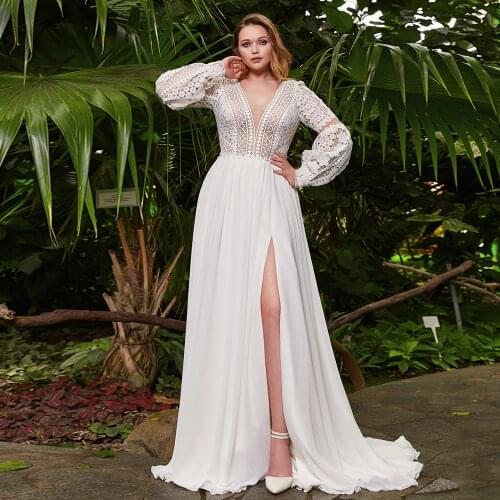 Elegant Plus Size Wedding Dresses Long Sleeve V-neck Side Slit Chiffon Vintage Lace Wedding Bride Gowns A Line Vestido De Novia