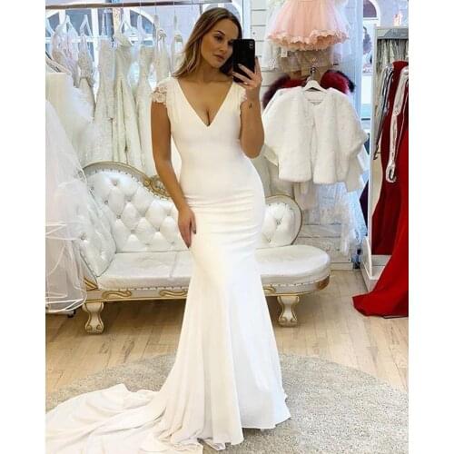 Elegant Deep V Neck Mermaid Wedding Dresses Satin Cap Sleeve Sexy Lace Backless Sweep Train Customize Bridal Gown