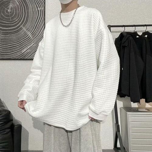 Autumn Winter Solid Color Plaid T-Shirt Harajuku Plus Size Loose Long Sleeves Simple Plain Men Clothes Fashion High-Quality Tops