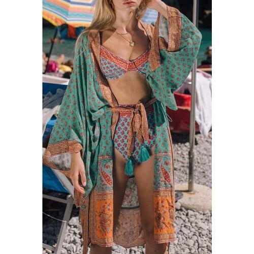Jastie Hippie Chic Maxi Kimono Shirt Floral Print Long Cardigan Jacket Batwing Sleeve Belt Women Jackets Shirt Casual Blouse Top