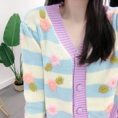 Jastie New Womens Contrast Color Knitted Cardigans Flower Embroidery V-Neck Stripe Loose Thick Sweater 2021