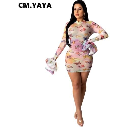 2020 Summer Women Mini Dress Mesh Perspective Butterfly Print Night Club Party Sexy Bandage Street Casual Dresses Vestidos GL203