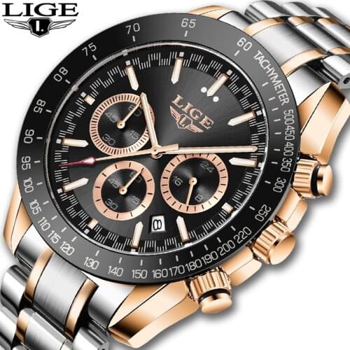 LIGE 2021 New Men Watches Top Brand Luxury Stainless Steel Quartz Watch Men Waterproof Sport Chronograph Relogio Masculino+Box