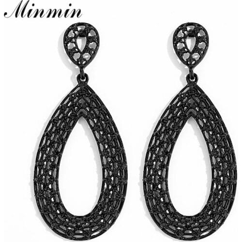 Minmin Vintage Black Big Circle Mesh Long Drop Earrings 3 Colors Women Luxury Crystal Bridal Wedding Fashion Jewelry 2019 EH1450