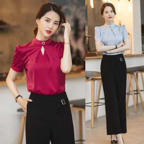 Fashion Women Blouses & Shirts Red Short Sleeve Ladies Pant and Top Sets Summer OL Styles