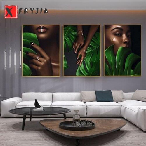 3pcs 5D Diy Diamond Painting Nude Girl with Leaf Black Women Triptych Diamond Embroidery Mosaic Full Square Round Drill decor