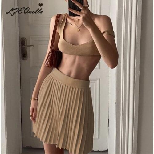 LZEQuella Sexy Knitted 2 Pieces Women Set 2021 Summer Holiday Camisole Crop Tops High Waist Pleated Mini Skirts Suit NZ3546