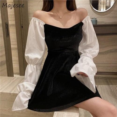 Long-Sleeve Dress Women Patchwork Elegant Party Slash Neck Mini Females Puff Sleeve Plush Vintage Chic Harajuku A-line Casual