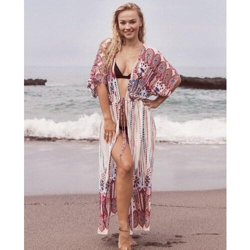 Beach Cover up Tunics for Beach Print Chiffon Long Kaftan Bikini Cover up Robe de Plage Sarong Beach Wrap Swimsuit coverup Q1121