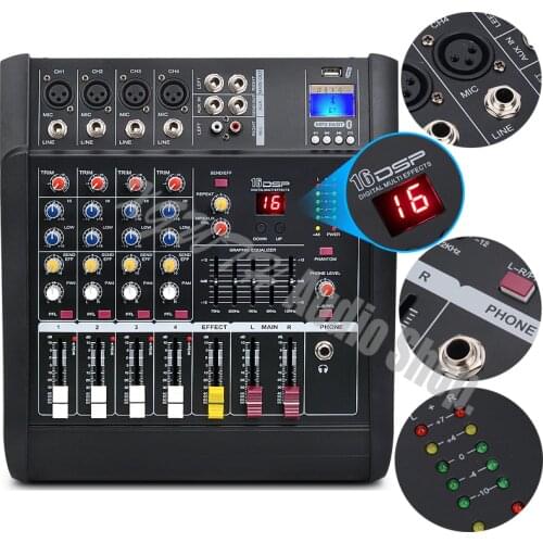 Pro Amplifier Mixer 4 Channel Microphone Mixing Console With USB Bluetooth + 48V Phantom Power Karaoke Audio Sound Equipment