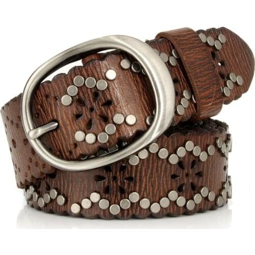 Women Rivet belts Punk Rock Style Female belt For Lady Genuine Leather Cowskin Leather Buckle Wide Hollow Out Belt For Jeans