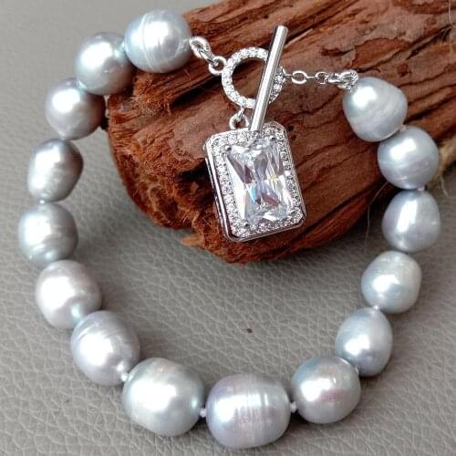 YYGEM 8'' natural Gray Rice Freshwater Pearl Bracelet rectangle Cubic Zirconia pave silver color Toggle Clasp classic