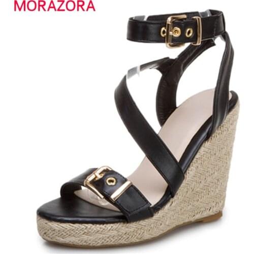 MORAZORA 2020 big size 34-46 wedges platform sandals women shoes ankle buckle summer casual shoes fashion ladies sandals black