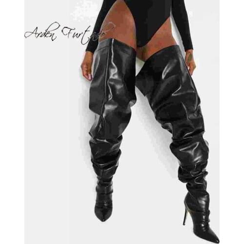 Arden Furtado 2021Winter Fashion Womens Shoes Elegant Womens Zipper Pleated Sexy Stilettos Heels Over The Knee Boots New 43