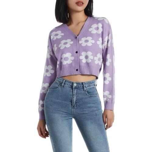 Women Y2k Casual Single-Breasted V-Neck Fresh Flower Print Pattern Long-Sleeved Knitted Cardigan High-Waist Short Sweater