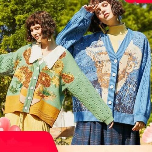 Van Gogh Sunflower Vintage Sleeve Cardigan Knit Sweater 2021 Women Elegant Luxury Embroidery Knitwear Sweaters Streetwear Tops