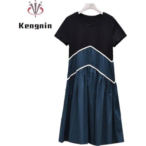 Oversized Women Cotton Patchwork Dress 2021 Summer Retro Loose Short Sleeve Dress Fake Two Piece Female Robe Dress KE1363