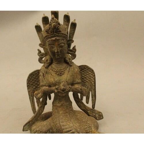 11" Tibet Tibetan Bronze Naga Kanya Buddha 5 Snake Head Kwan-yin Buddha Statue