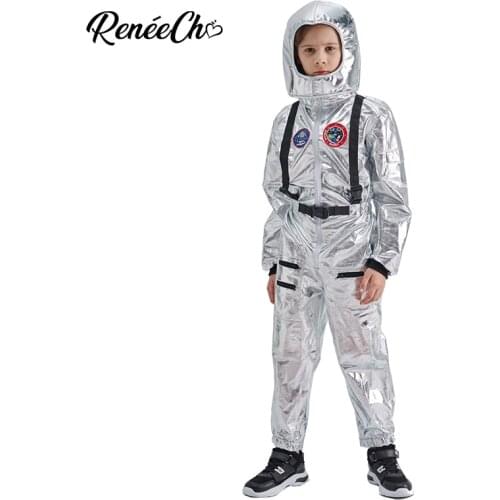 Reneecho Kids Astronaut Costume Sliver Boys Space Man Cosplay Jumpsuit And Hat 2 Piece Set Halloween Costume For Kids