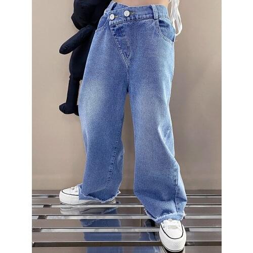 Girls' jeans 2021 summer new style Hong Kong style big childrens design sense drape straight loose loose wild wide-leg pants