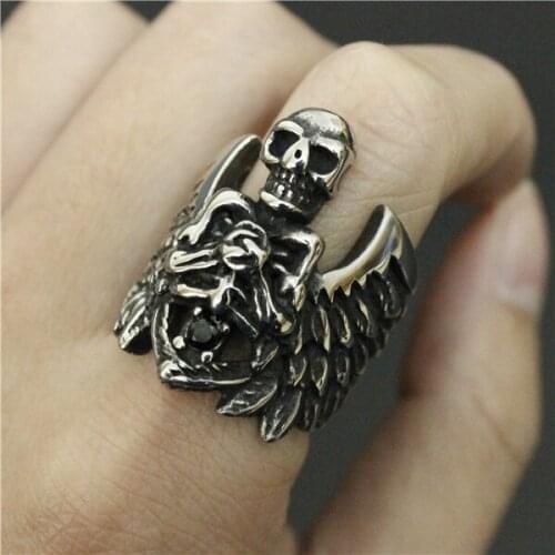 Size 7-13 Crystal Stone Skull Ring Pray For God Ring 316L Stainless Steel Man Boy Flying Motor Biker Ring
