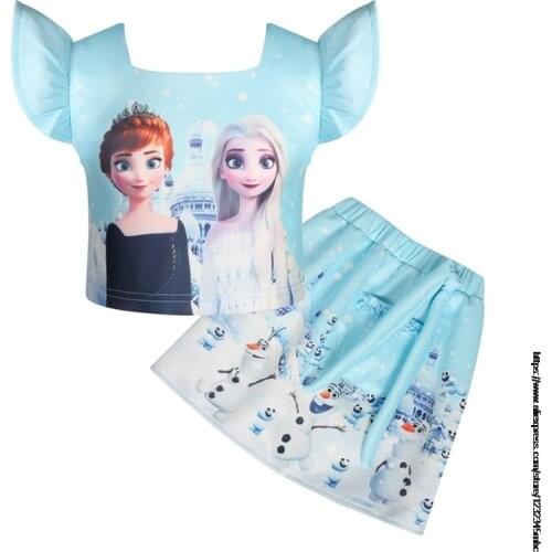 Disney Hot Girls Clothes Sets Summer Frozen Elsa short sleeve top cartoon print skirt 2-piece kids Childrens Clothing Suit