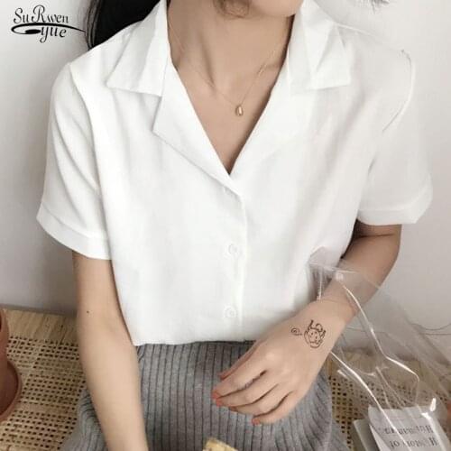 Fashion Short Sleeve Summer V Neck Woman Shirt Office Lady White Tops Korean Shirt for Women Solid Blouse Blusas Femininas 10166