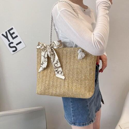 Fashion Women Bag Summer Casual Straw Shoulder Bag Handmade Lightweight Tote Purse Silk Scarf
