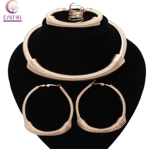 Fashion Necklace Earrings Bangle Ring Gold color Jewelry Sets For Women Wedding Party Holiday Accessories