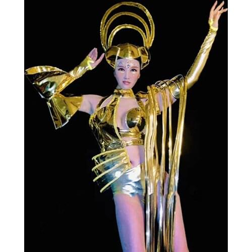 Nightclub Stage Costumes Female Singer Gogo Dancer Gold Bikini Outfits Women Evening Show Clothing DJ Ds Dance Costume VDB3447