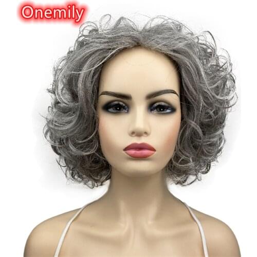 Onemily Short Curly Heat Resistant Synthetic Hair Wigs for Women Girls with Bangs Party Evening Out Fun White Gray