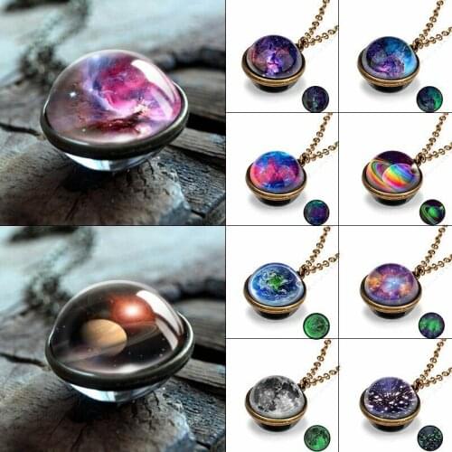 Necklace Dark Galaxy System Double Sided Glass Glow in the Dome Planet Pendant