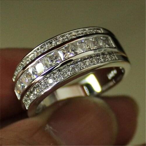 Mens Deluxe 10K white Gold Princess-cut Rudy Garnet Crystal gemstone Band ring Wedding Rings for Men Women Jewelry