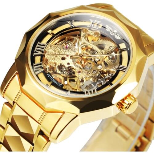 WINNER Luxury Skeleton Mechanical Watch for Men Golden Royal Dodecagon Case Carved Movement Stainless Steel Strap Luminous Hands