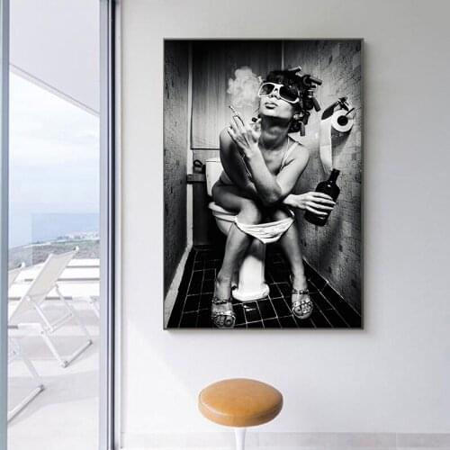 Scandinavian Sexy Beauty Smoking Girl Sitting on The Toilet Canvas Painting Posters and Prints Wall Art Pictures Home Decoration