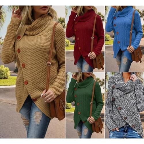 Women Knit Sweater Warm High Collar Irregular Sweater Casual Loose Button Knitted Sweater Coat Plus Size Autumn Winter 2020