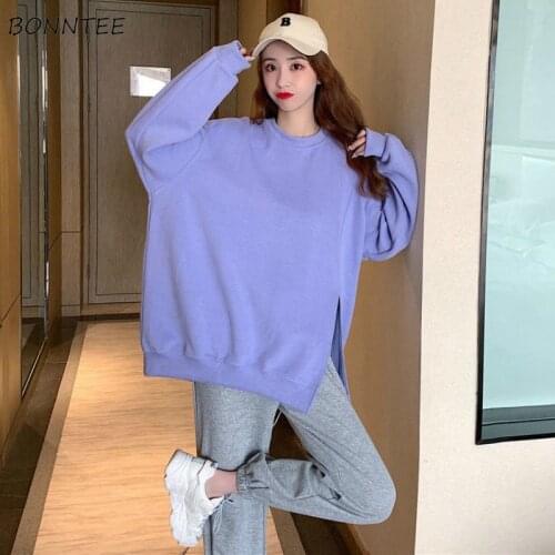 Hoodies Wowen Solid Long Sleeve Loose Soft Autumn Korean Style Pullovers Casual Students Lovely Kawaii Streetwear Trendy Simple