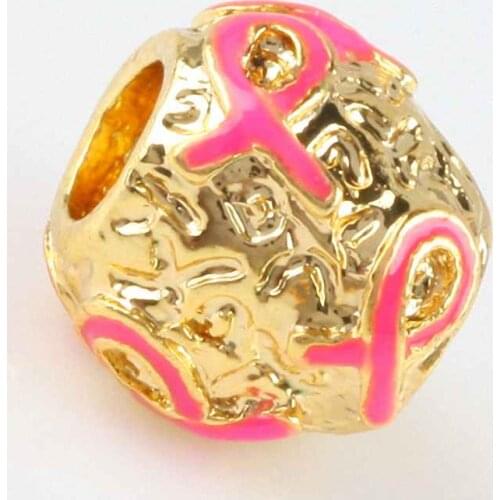 TUMBEELLUWA 1Lot (10Pc) Pink Ribbon Cancer Awareness Drum Charm Golden Loose Beads Fit European Bracelet