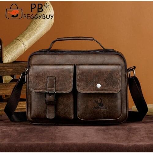 Vintage Men PU Leather Shoulder Crossbody Bag Portable Multi Pockets Small Messenger Handbags Fashion Pure Color Zipper Purse