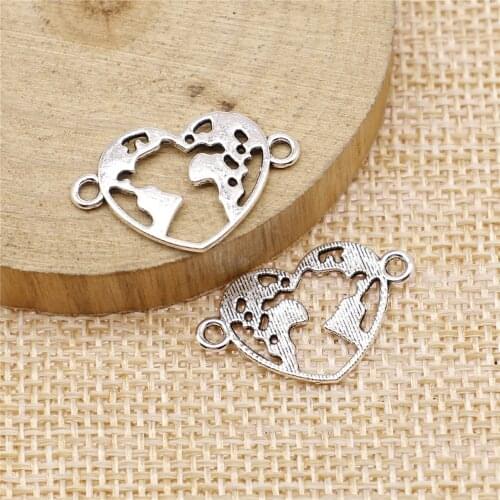 WYSIWYG 20pcs 15x24mm Antqiue Silver Color Heart World Map Link Earth Charms Connector Jewelry Making DIY Handmade Craft DIY