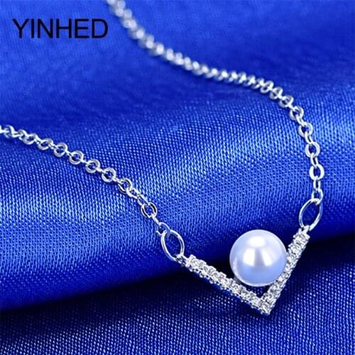 YINHED Real 925 Sterling Silver Fine Jewelry Natural Pearl V Shape Inlay Zirconia Pendant Necklace for Women Birthday Gift ZN171