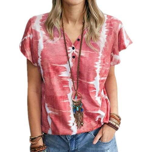 Women T-shirt V Neck Printed Short Sleeve Buttons Loose Top printing v neck Summer Casual short sleeve T-shirt футболка оверсайз
