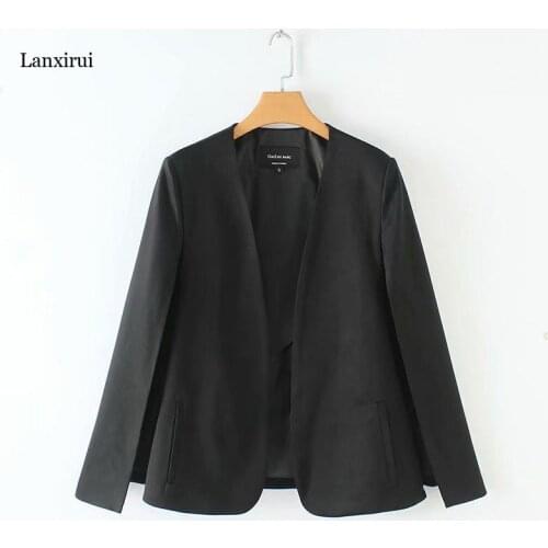 Women elegant black white color v neck split casual cloak coat office lady wear outwear suit jacket open stitch tops